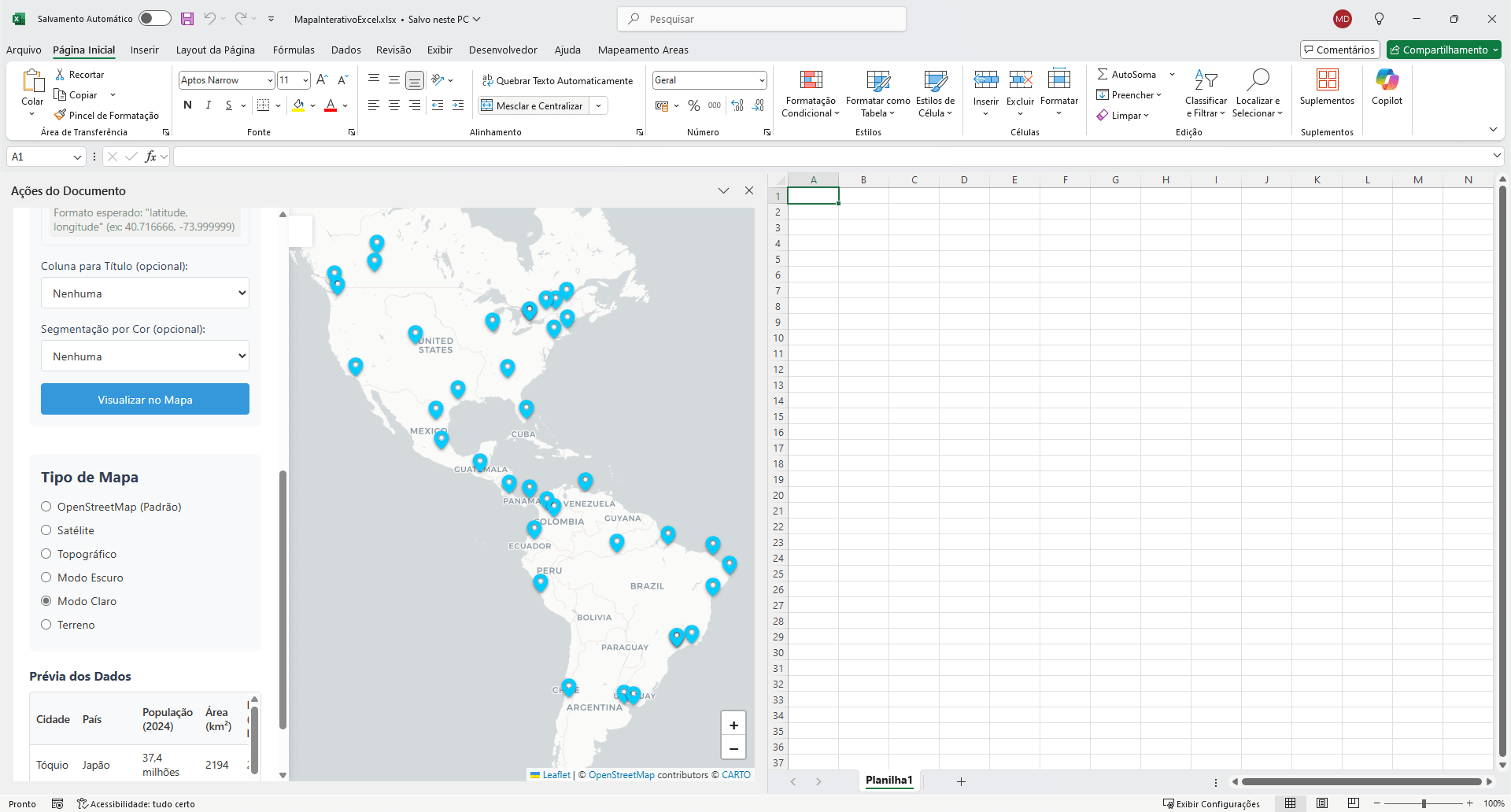 Task Pane no Excel com Mapa Interativo